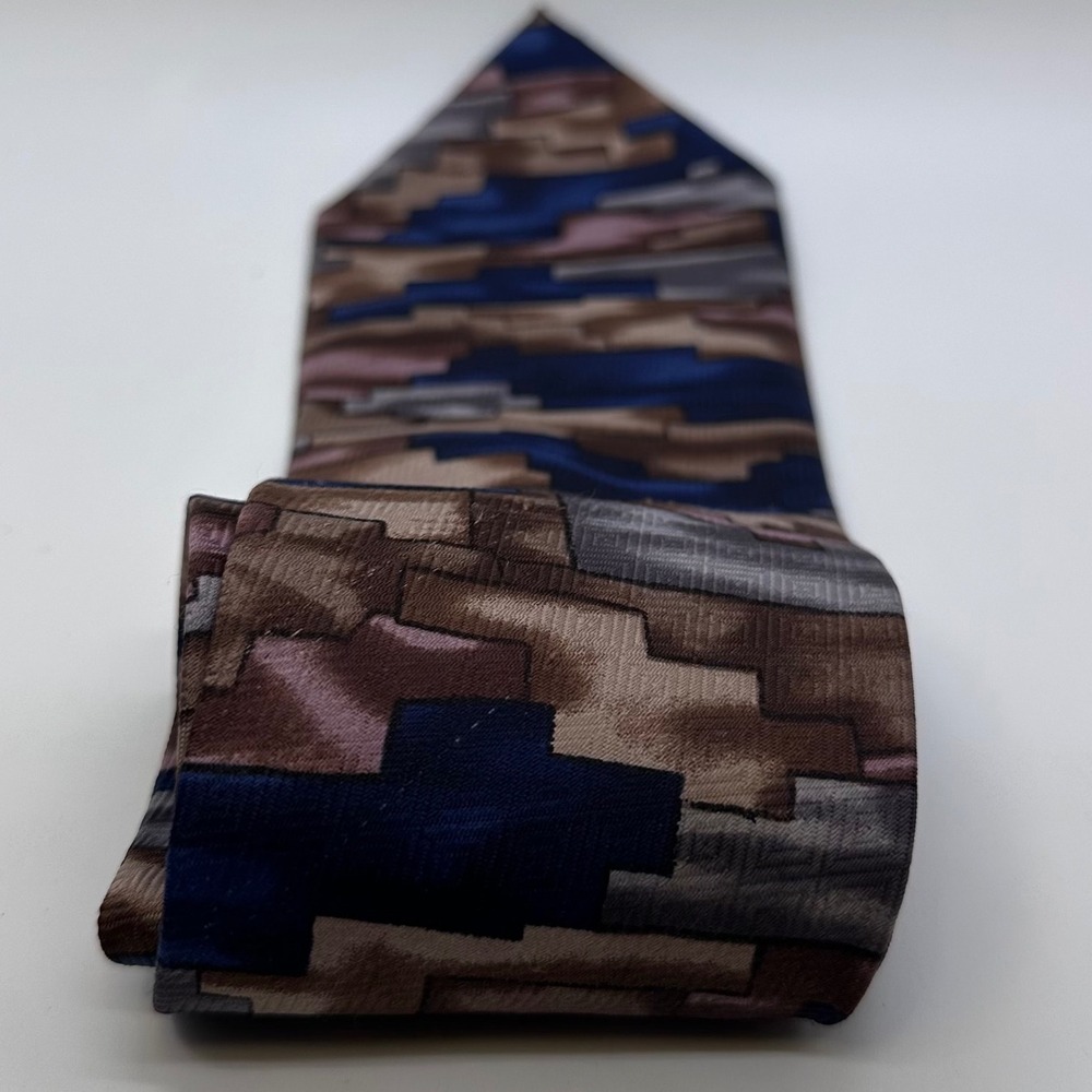 Fratello Necktie Blue Brown Abstract Geometric Pattern Silk Blend Tie - Picture 4 of 12